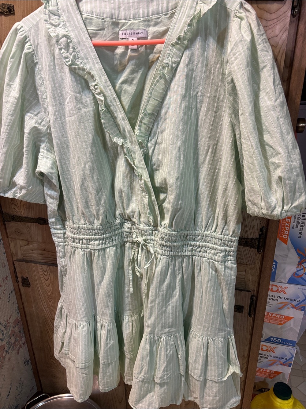 Tiered Ruffle Mini Dress in mint green white stripe short puff sleeves XL